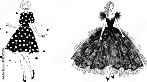 Set of Elegant Fashion Illustrations Featuring Women in Stylish Outfits Including a Polka Dot Summer Dress and a Glamorous Evening Ball Gown for Apparel and Boutique Designs