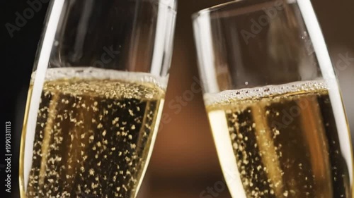 Two sparkling champagne glasses clinking together in a joyous toast, celebrating a special moment with effervescent golden bubbles