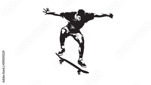 Skateboarder silhouette performing an ollie trick in dramatic black graphic style on a white background