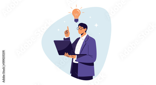 Professional man with glasses holding a laptop, generating a bright new idea with an illuminated lightbulb above his head.