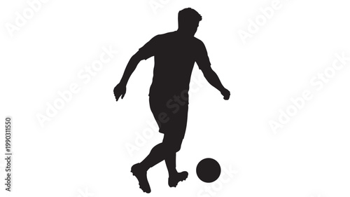 Football player silhouette dribbling a ball with dynamic running pose on clean white background featuring soccer, sports action, athlete with striker