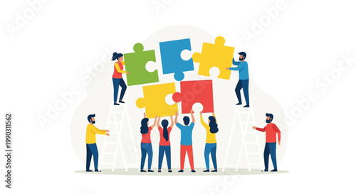 A diverse team of people collaborates effectively to assemble a large colorful puzzle, symbolizing successful business solutions.