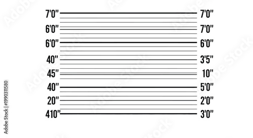 Classic black and white police lineup height chart with detailed imperial measurements for identification purposes.