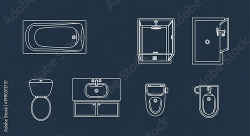 Collection of bathroom fixtures in white line art on dark blue background.
