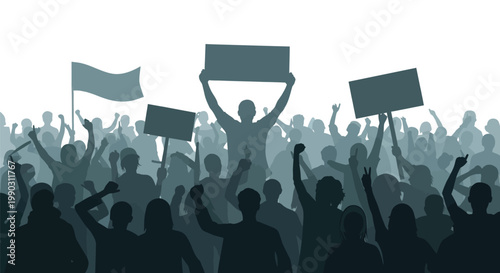 Silhouetted crowd of diverse people protesting with signs and raised arms, symbolizing collective action and social change.