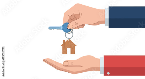 Illustration showing a real estate agent handing over house keys to a happy new homeowner.