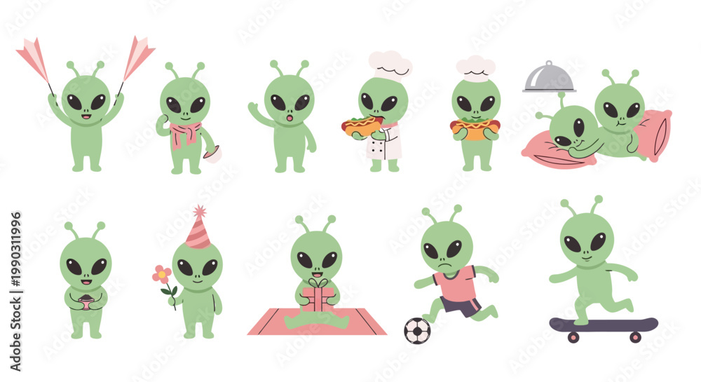 Obraz premium Adorable collection of green cartoon alien characters engaging in a wide variety of daily and celebratory activities.
