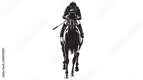 Army soldier riding horse with rifle in black and white vector illustration for combat and military branding