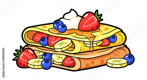 Illustration of stacked crepes filled with fresh fruit including strawberries, blueberries, and banana slices, topped with cream, against a white background