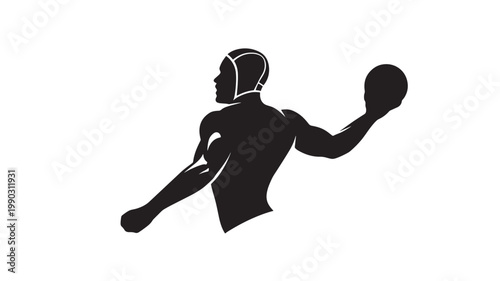 Hooded fighter silhouette icon with muscular stance holding a sword for combat sports and martial arts designs
