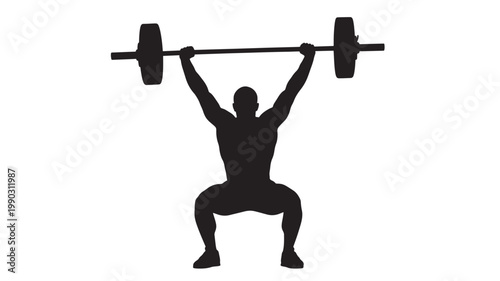 Weightlifter silhouette with barbell arms raised overhead for strength training and gym workout concept