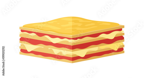 Illustration of a delicious lasagna slice with layered pasta and rich fillings on a white plate, minimalist style with clean lines and vibrant colors