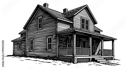 Detailed black and white illustration of a traditional farm house with a wraparound porch, showcasing rustic architectural elements and vintage charm