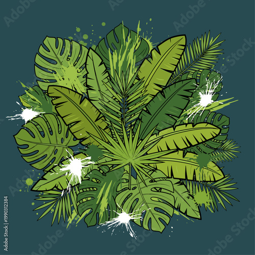 Tropical green leaves illustration closeup.