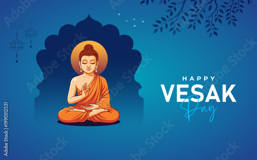 Happy Vesak Day Greeting With Meditating Buddha Illustration