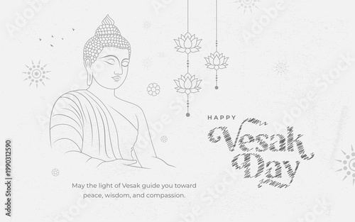 Happy Vesak Day Greeting Card With Buddha Line Art