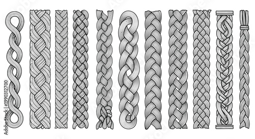 Set of intricately designed braided rope patterns featuring various weaving styles and textures for decorative use.