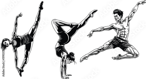 Set of High Contrast Comic Style Illustrations Featuring Male and Female Dancers and Gymnast Performing Dynamic Ballet Jumps, Handstands, and Athletic Poses