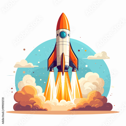 Vibrant cartoon rocket launching with a fiery thrust, an inspiring concept symbolizing new beginnings, successful ventures, and the powerful acceleration of progress and innovation