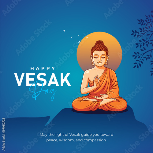 Happy Vesak Day Greeting With Meditating Buddha Illustration