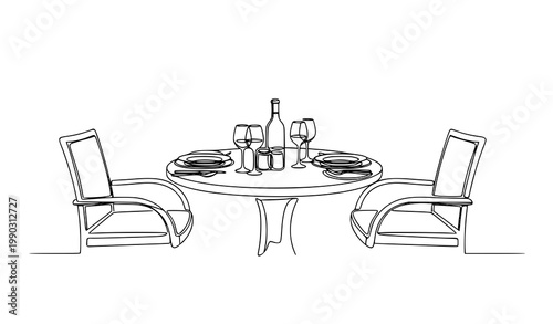 Continuous line art romantic outdoor dining table for two with wine glasses elegant minimalist dinner setup concept