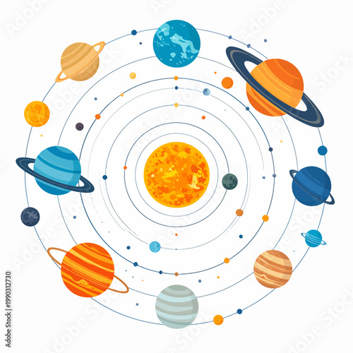 Vibrant and educational illustration of a celestial solar system, depicting colorful planets orbiting the radiant sun amidst various cosmic bodies in a harmonious galactic arrangement