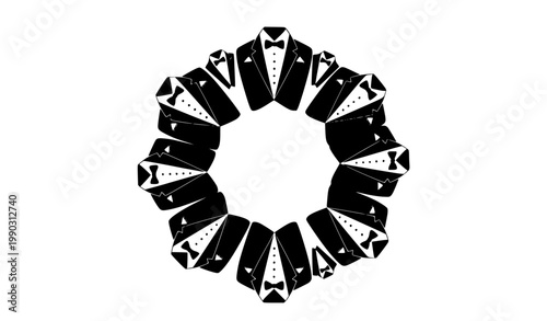 Decorative circular arrangement of tuxedo and bow tie silhouettes for wedding stationery and elegant event design