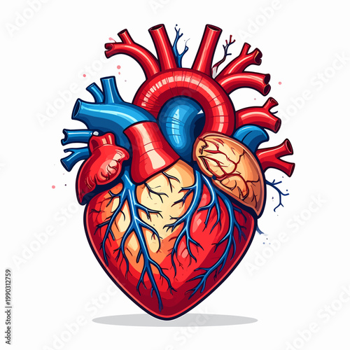 Detailed illustration of a human heart, showcasing its intricate vascular network and anatomical structure in vibrant red and blue hues on a clean white background, a symbol of life and health