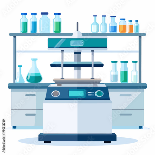 Vector illustration of a modern science laboratory with advanced equipment and various glassware, perfect for chemical research, innovation, and scientific discovery themes