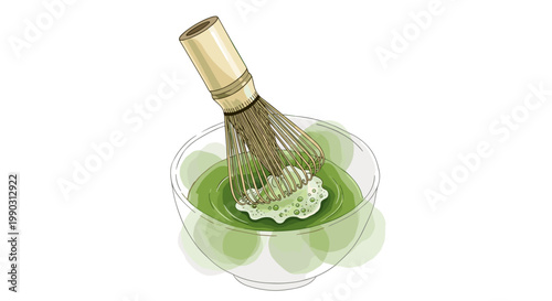 Illustration of bamboo whisk stirring vibrant green matcha tea in transparent bowl, showcasing whisked frothy texture on white background