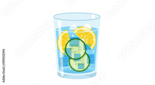 Glass of detox water with lemon and cucumber slices, refreshing illustration on white background