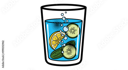 Illustration of a glass filled with detox water featuring cucumber slices and a lemon wedge, with vibrant colors and bubbles on a white background