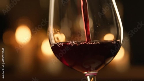 The graceful descent of deep red wine as it fills an elegant glass, beautifully highlighted by the soft, warm glow of ambient lights for a refined evening