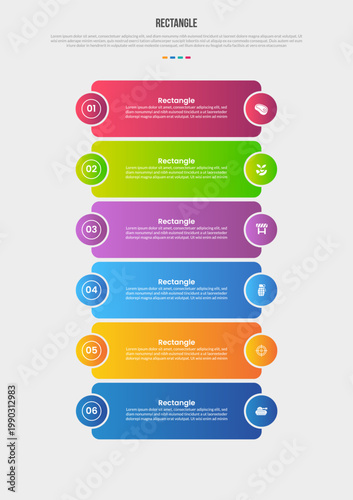Rectangle base shape infographics gradient template diagram with long round shape with circle badge each side with 6 point step creative