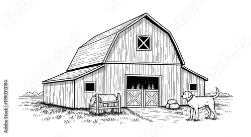 Black and white illustration of a farm scene featuring a dog standing near a rustic barn with open doors and a hay bale outside, capturing rural life