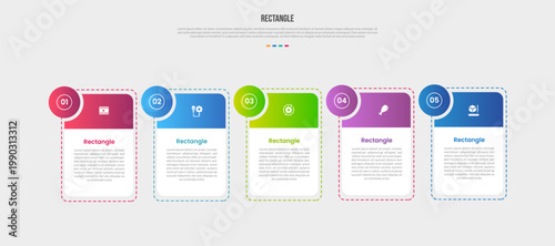 Rectangle base shape infographics gradient template diagram with table box container with circle badge with dotted line outer with 5 point step creative