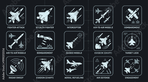 Military aircraft and combat icons representing various aerial warfare capabilities and operations