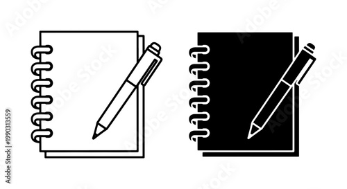Spiral notebook and pen icon set in outline black style
