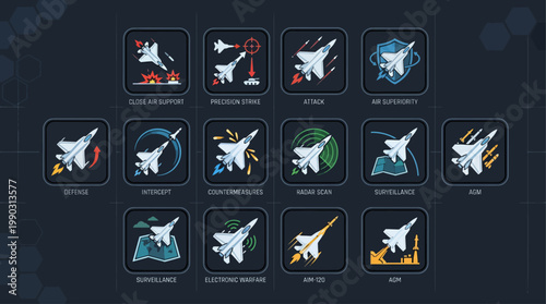 Military Aircraft Icons Modern Jets, Aerial Combat, and Air Superiority Concepts