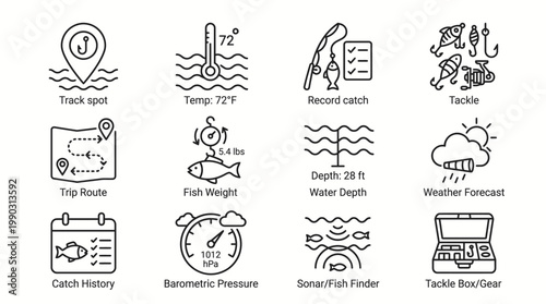 Fishing icons and symbols representing trip planning, fish details, and equipment for angler activities and outdoor adventures