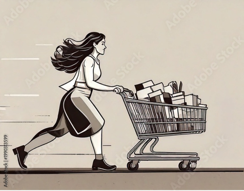 Woman pushing a full shopping cart quickly.