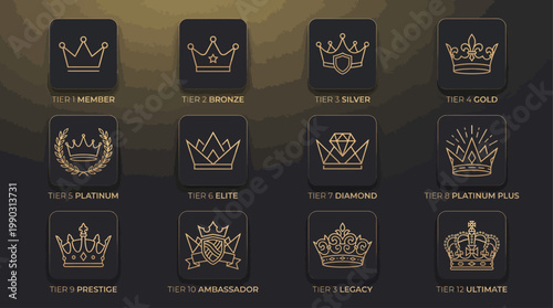 Collection of tiered crown icons symbolizing membership levels and achievements in a gamified system or loyalty program