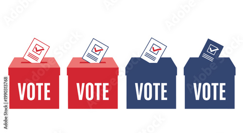 Multiple red and blue ballot boxes with vote papers being cast illustrate democratic election process and participation