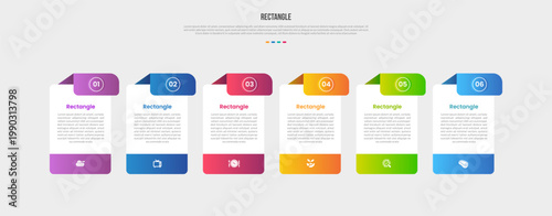 Rectangle base shape infographics gradient template diagram with big table with ribbon badge as header top with 6 point step creative