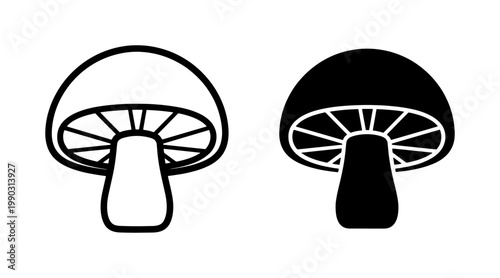 Mushroom outline and solid black silhouette icon set