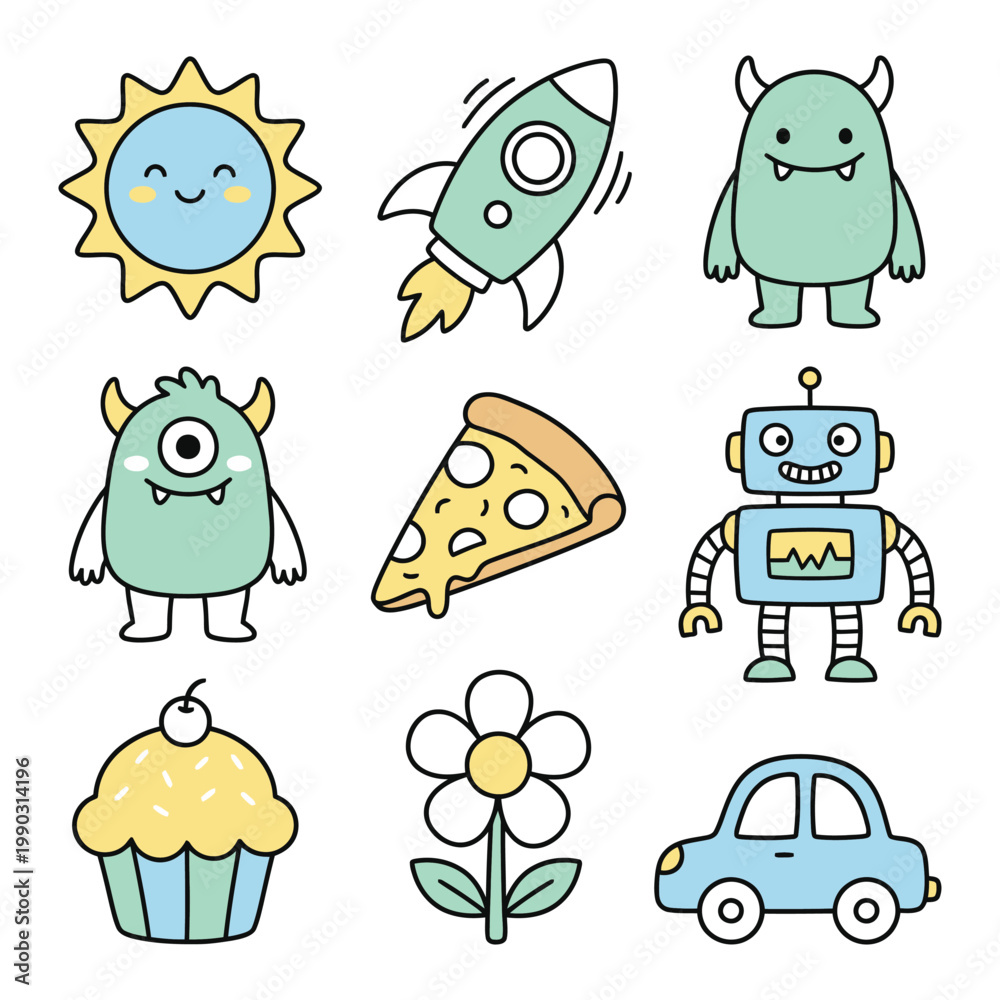 Obraz premium A set of cute cartoon illustrations of various objects and characters