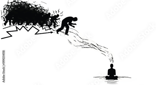 man meditating in peaceful environment with chaotic thoughts