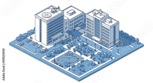A detailed isometric illustration of a modern hospital complex, including buildings, park, parking, and people.