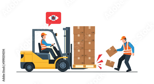 Forklift operator experiencing a dangerous blind spot resulting in a potential workplace accident with falling boxes.
