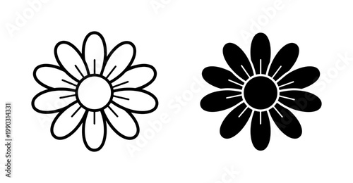 Daisy flower icon set in outline and solid black style